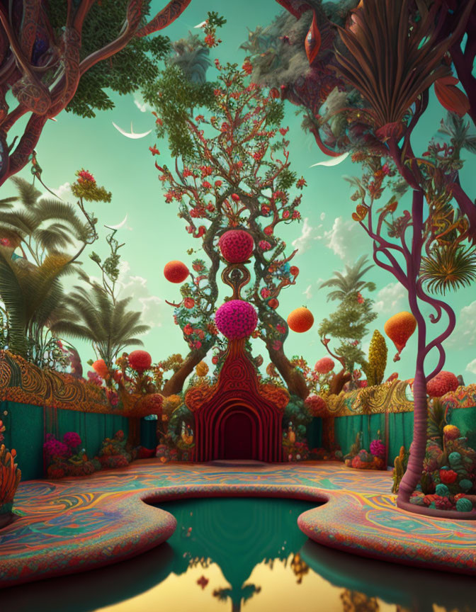 Vibrant surreal landscape with whimsical tree and floating orbs