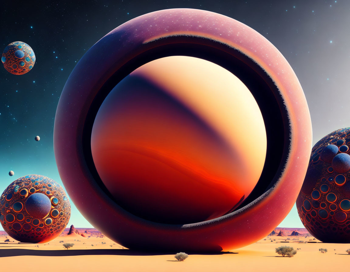 Surreal desert landscape with glossy sphere-like structures under dusky starry sky