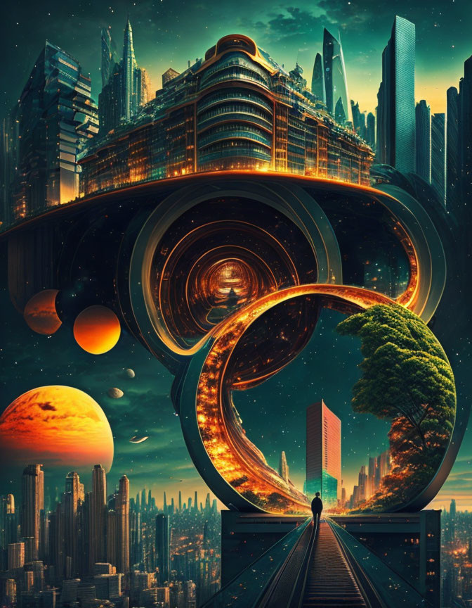 Futuristic cityscape with skyscrapers, person on bridge, circular structure, tree, and