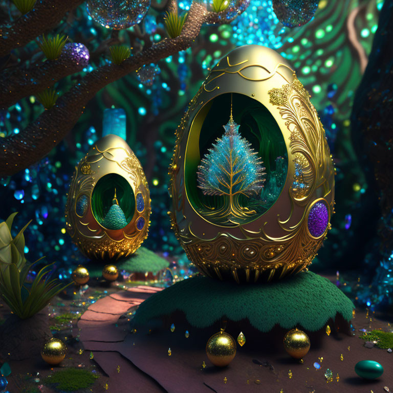 Intricate golden eggs with glowing blue tree in mystical forest