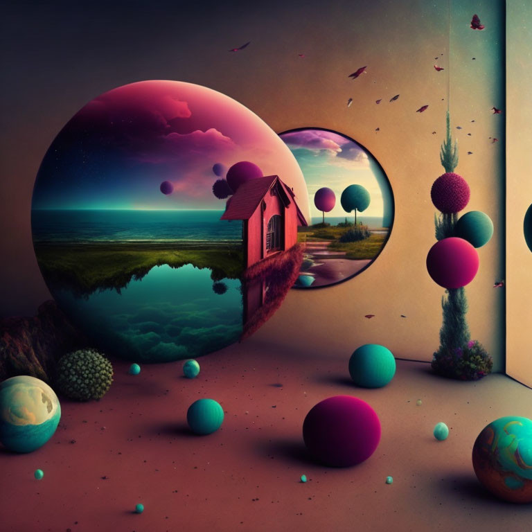 Colorful Orbs and Small House in Surreal Landscape