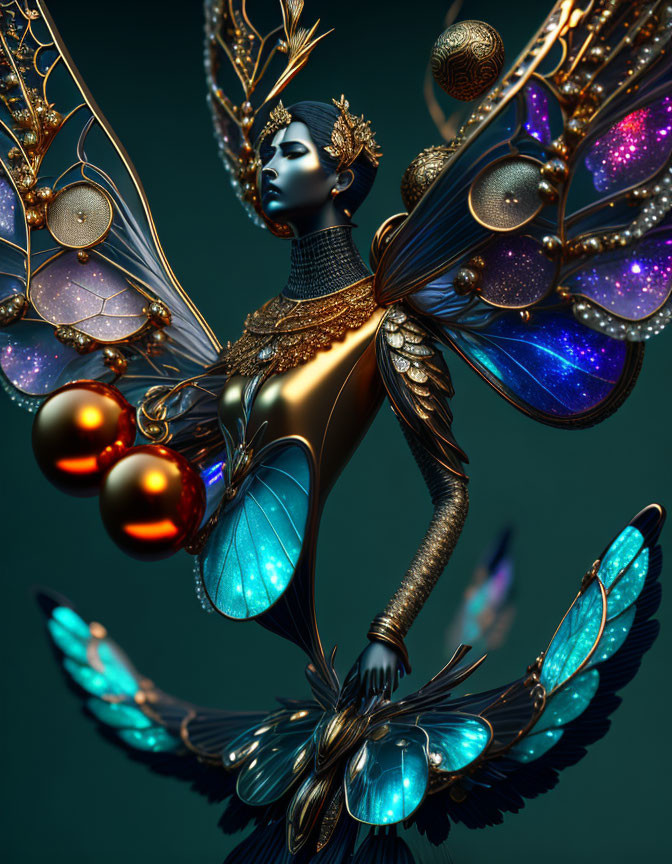 Ethereal fairy with iridescent wings and ornate jewelry on teal background