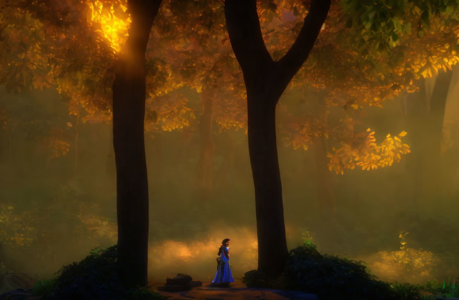 Animated character in misty sunlit forest with golden leaves