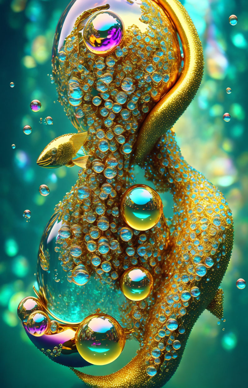 Abstract golden textured composition with bubbles and fish on teal background