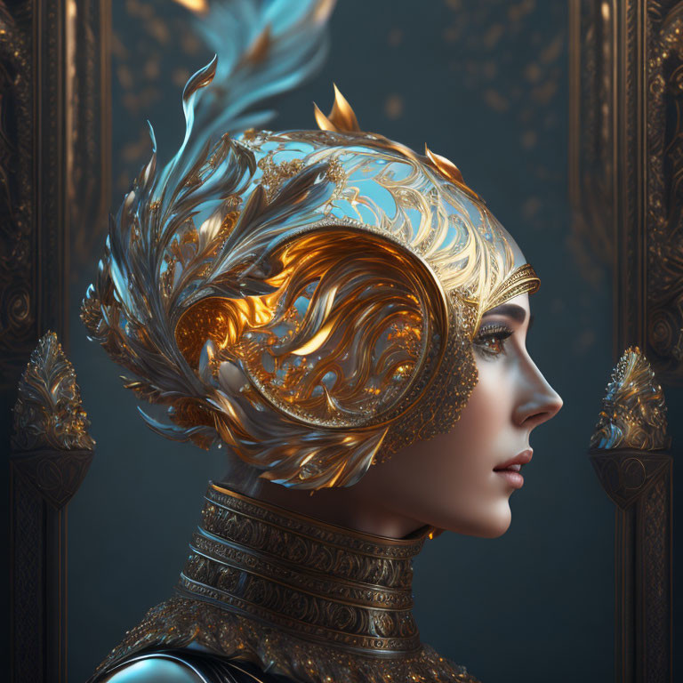 Intricate Golden Helmet with Flames on Dark Background
