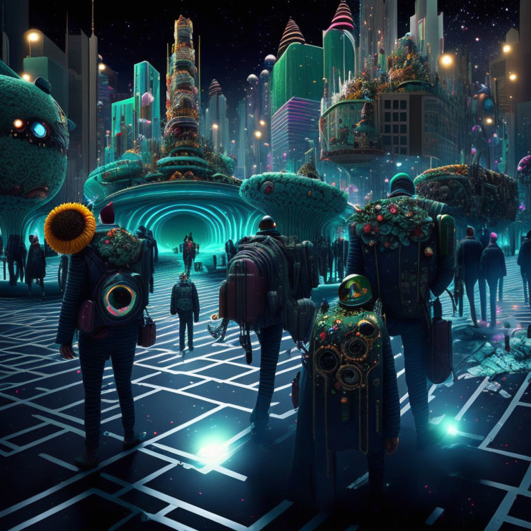 Futuristic city night scene with people in tech suits on glowing grid pavement