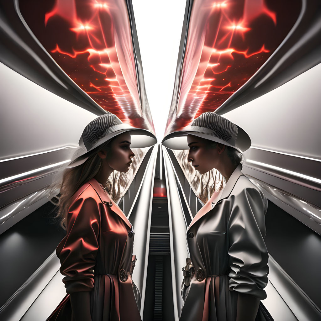 Two women in stylish outfits and hats in futuristic corridor with red lighting.