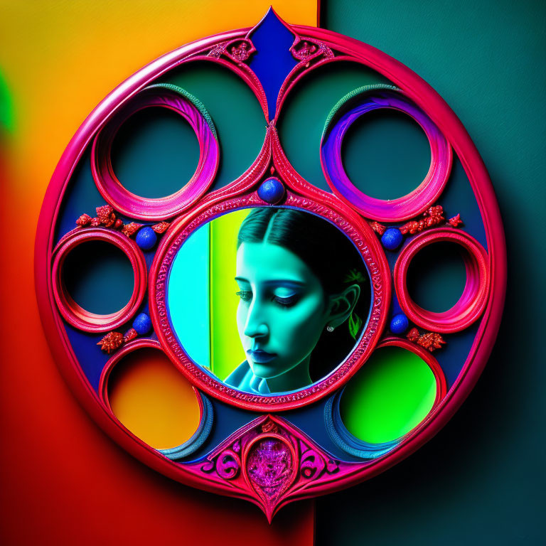 Neon-colored digital artwork: Woman's profile in mandala frame