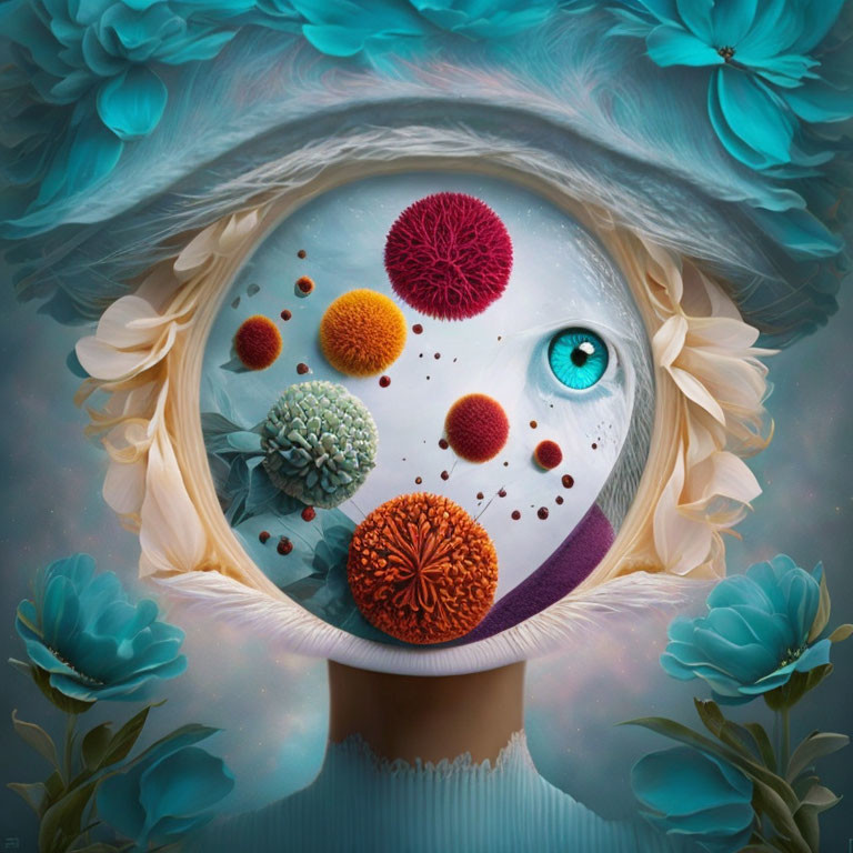 Surreal portrait with central eye, vibrant flowers, and colorful spheres