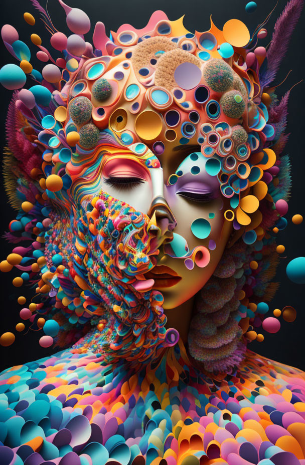 Colorful surreal portrait with textured face and flowing shapes