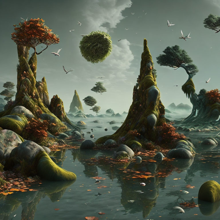 Tranquil Fantasy Landscape with Moss-Covered Rocks and Floating Islands