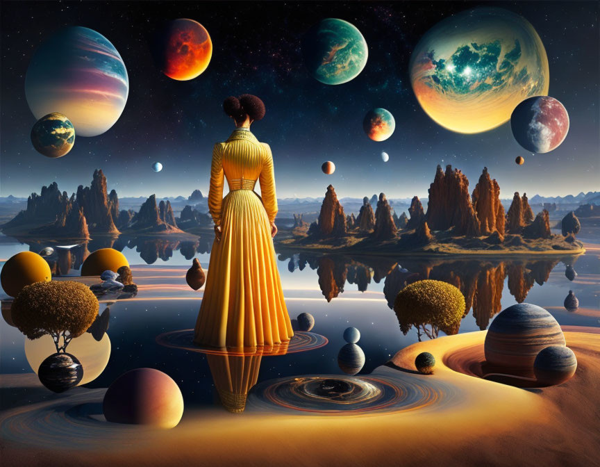 Woman in Yellow Dress on Surreal Landscape with Planets and Moons
