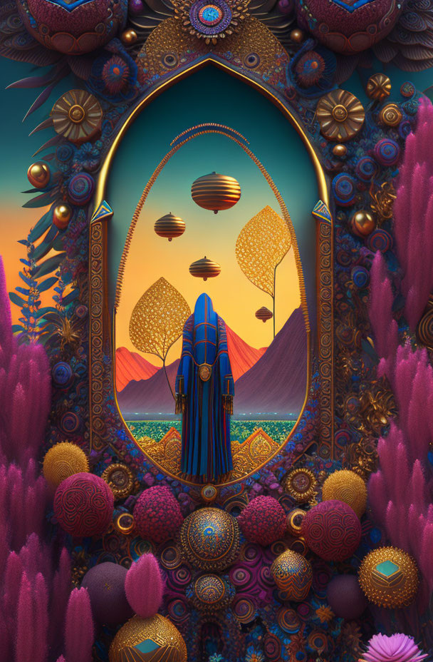 Surreal vibrant landscape with rocket, desert, floating islands, ornate portal, floral patterns