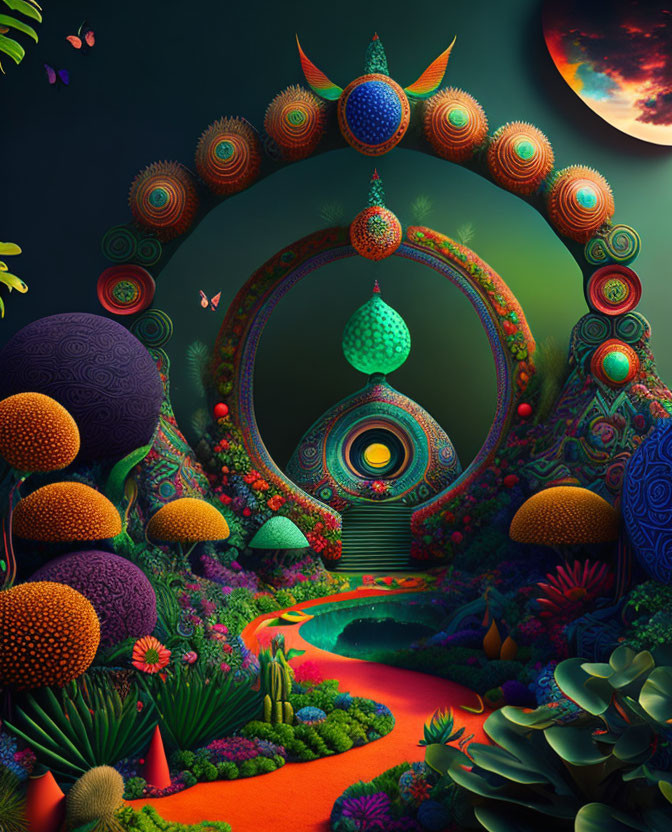 Colorful Fantasy Landscape with Whimsical Trees, Moon, and Portal