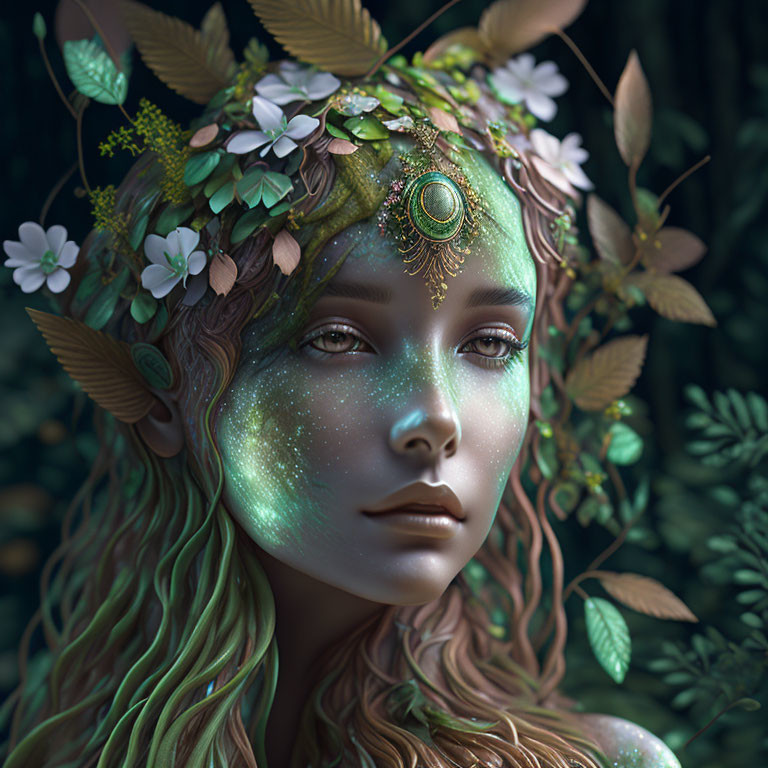 Green-skinned female figure with stardust, wearing nature-inspired headdress.