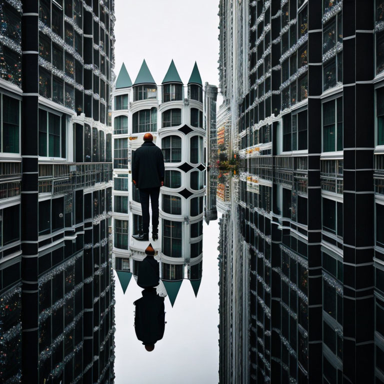 Person in hat between symmetrical buildings with mirror image effect