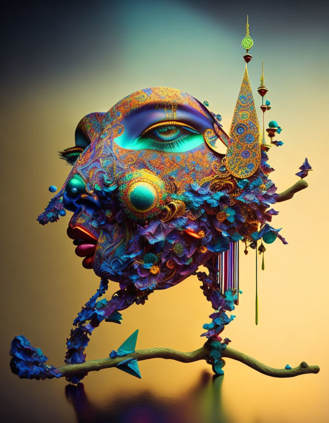 Colorful Surreal Face Artwork with Intricate Patterns and Textures