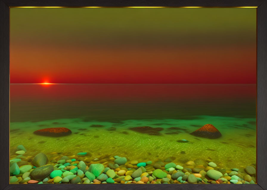 Digital art image: Sunset at sea with pebble beach, dark sky gradient from yellow to red