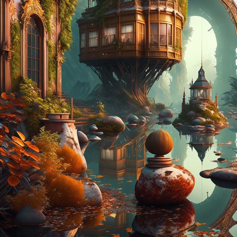 Tranquil fantasy landscape with lush vegetation and whimsical treehouses