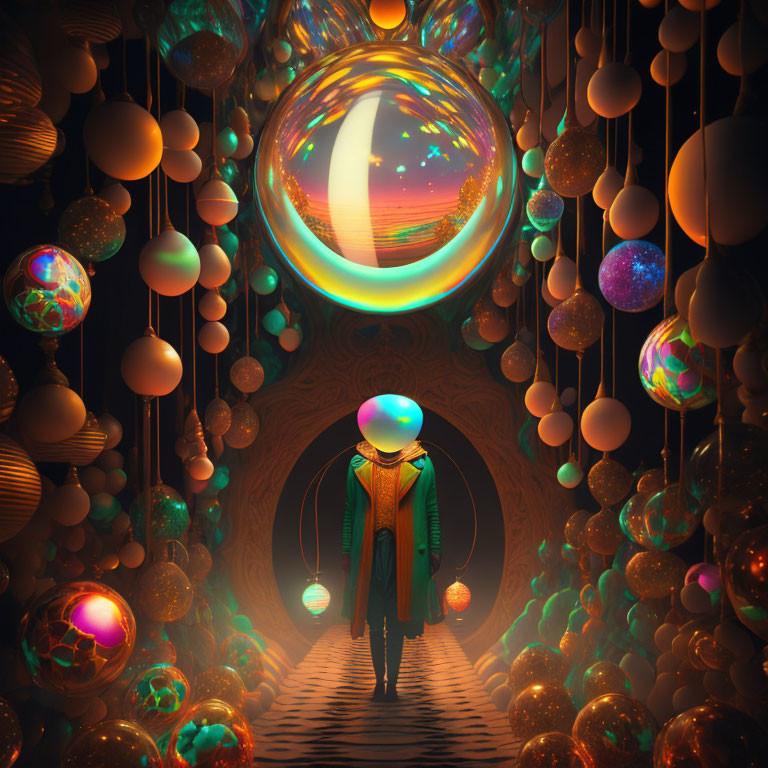 Person in Green Coat with Reflective Helmet in Corridor of Levitating Multicolored Orbs