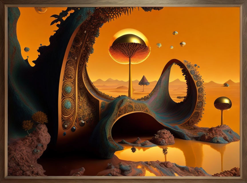 Orange-Hued Surreal Landscape with Tree-Like Structures and Floating Orbs