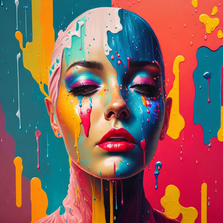 Colorful paint drips on woman's face merge with skin in vibrant artwork