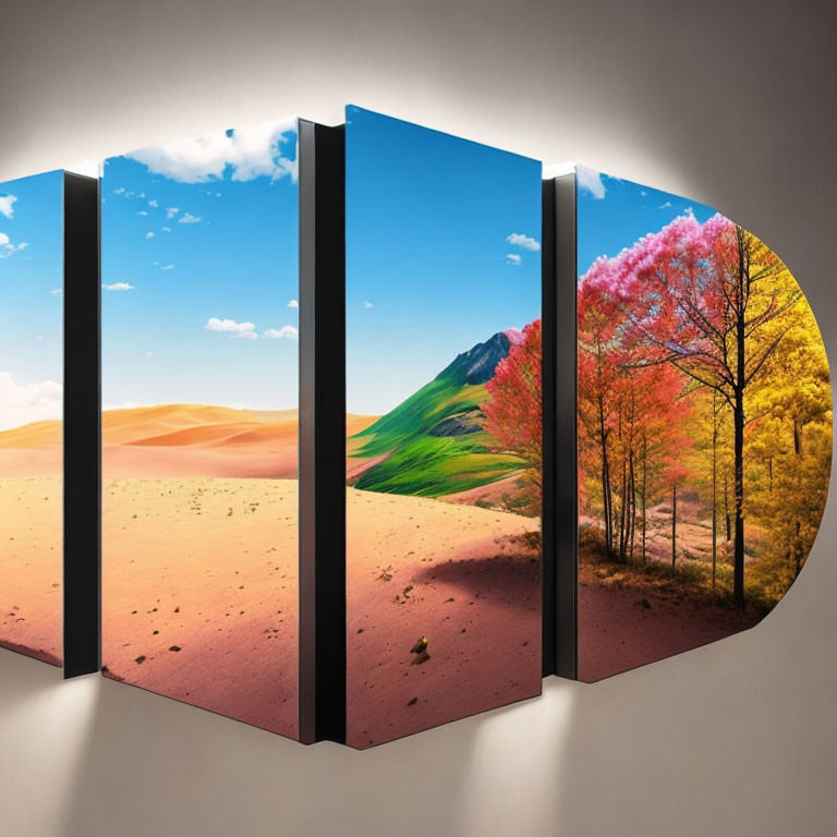 Five-Panel Canvas Art: Desert to Green Hillside to Autumn Forest Landscape