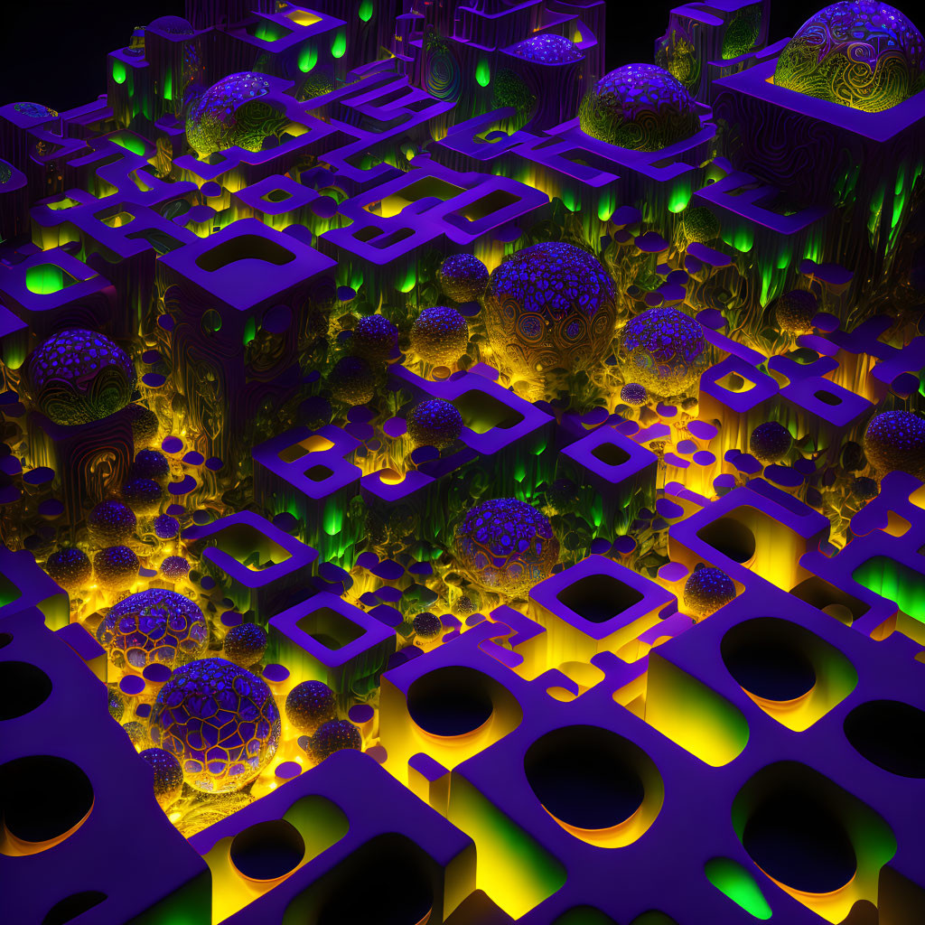 Colorful 3D fractal landscape with glowing geometric shapes