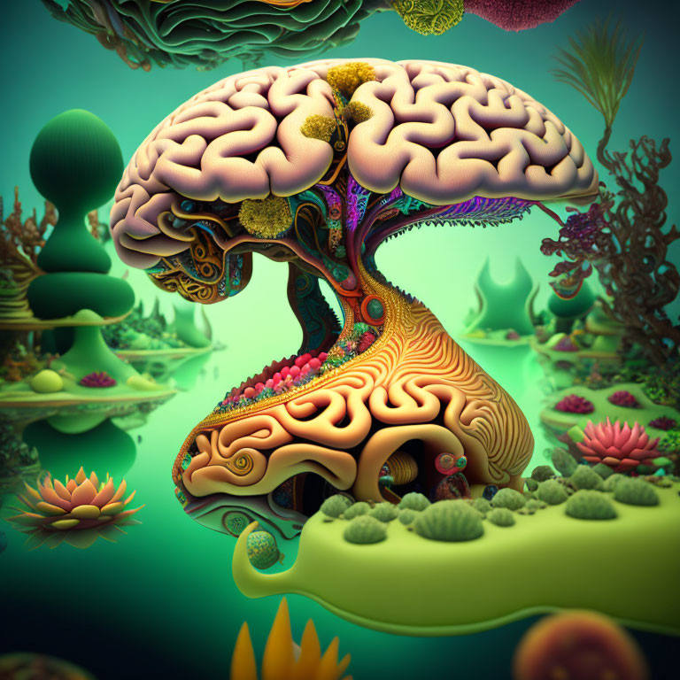 Colorful artwork: Tree with brain-like branches and roots in fantastical ecosystem