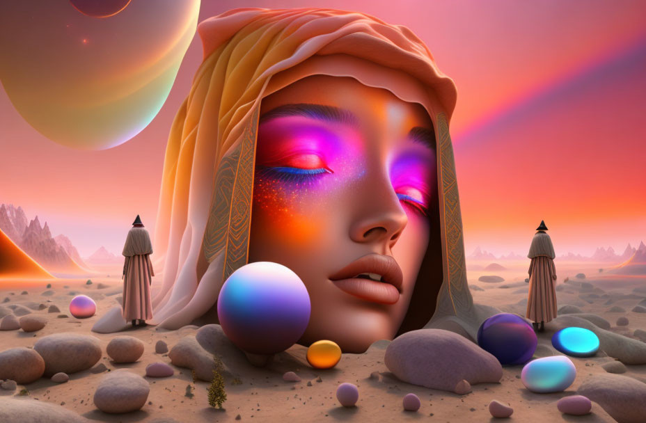 Colorful surreal landscape featuring giant woman's face, rockets, orbs, alien terrain, and pink sky