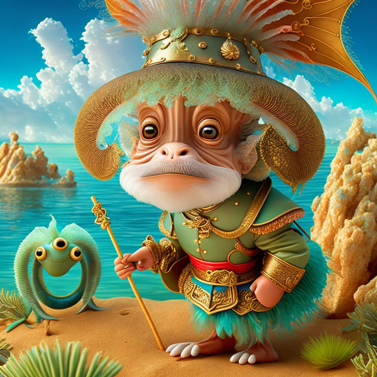 Whimsical monkey king in green and gold attire with scepter, accompanied by blue fish, against