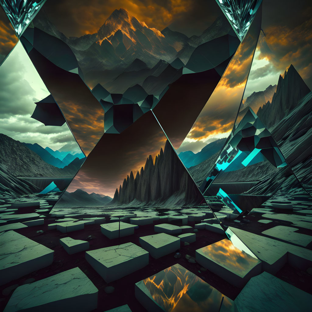 Futuristic landscape with floating geometric shapes and mountains under a greenish sky