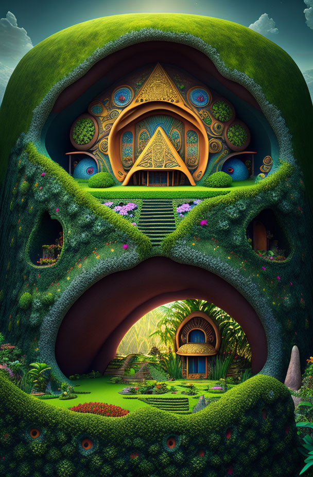 Skull-shaped whimsical house with lush greenery and vibrant flowers