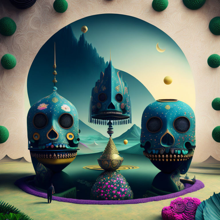 Surreal landscape with skull-shaped structures and lone figure among vibrant flora