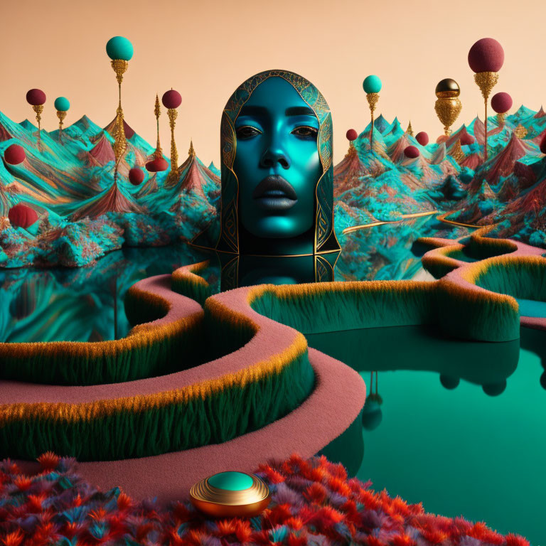 Teal and Pink Surreal Landscape with Serene Female Face and Floating Orbs