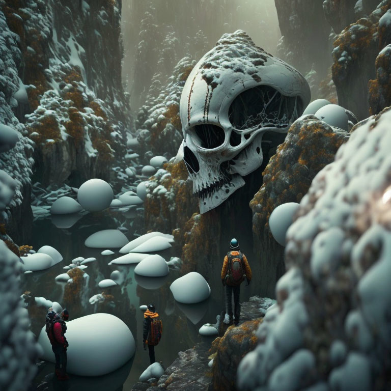 Misty landscape with explorers and giant skull in eerie setting