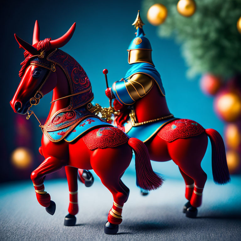 Red and Blue Christmas Carousel Horse on Dark Blue Background