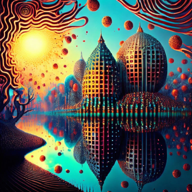 Spherical buildings with reflective surface near water under a sun with wavy rays surrounded by floating orbs.