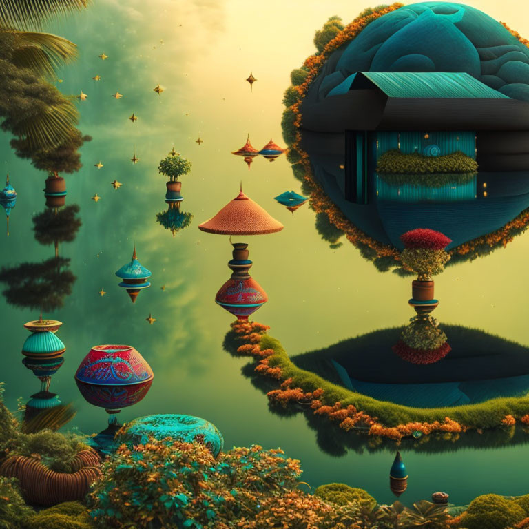 Fantastical landscape with floating islands, colorful dome-like buildings, lush greenery, and amber sky