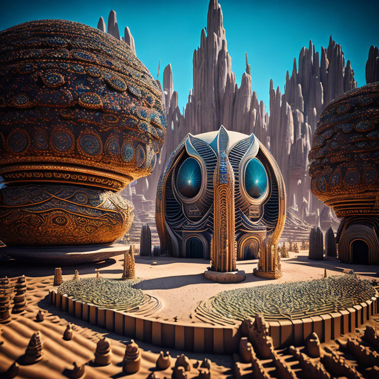 Ornate spherical buildings in futuristic cityscape