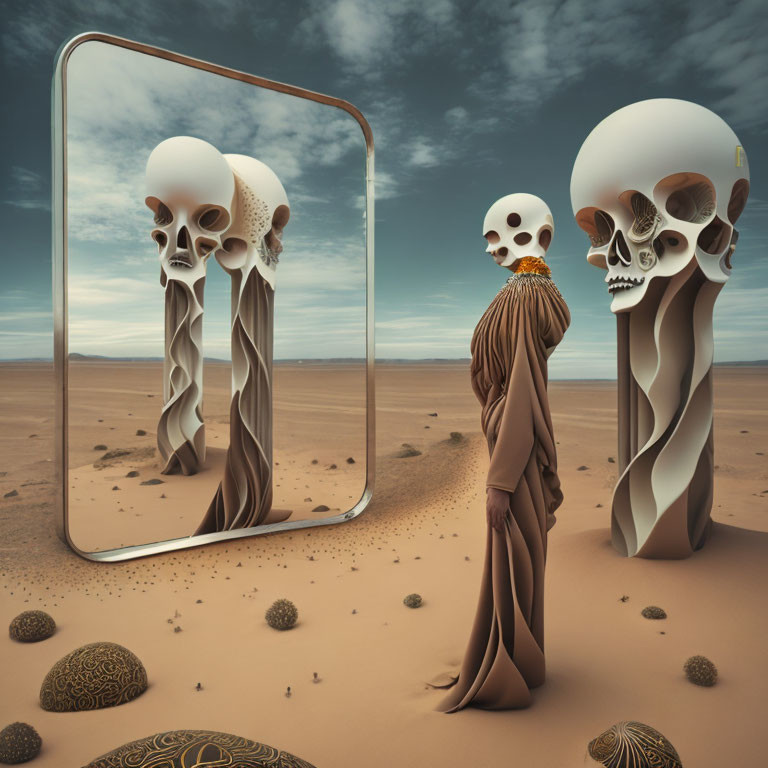 Surreal desert scene: figure in brown cloak before mirror reflecting skull-headed figure