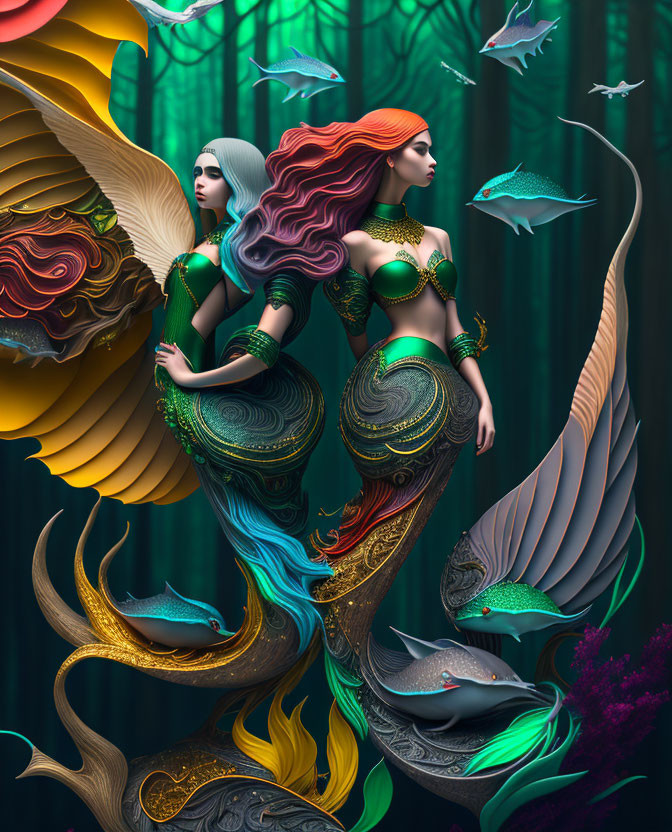 Colorful Mermaids with Elaborate Tails in Vibrant Underwater Scene