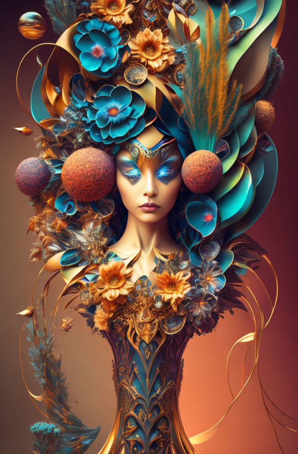 Surrealist depiction of a woman with elaborate floral headdress and ornate bodice