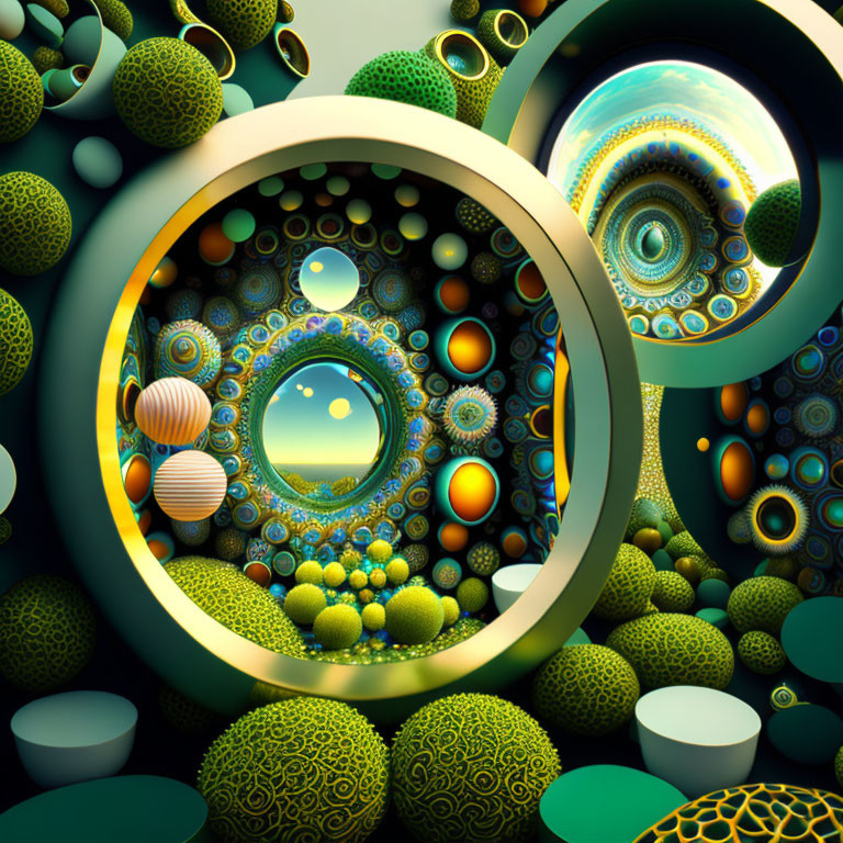 Colorful Fractal Image with Spiral Patterns in Green, Blue, and Orange