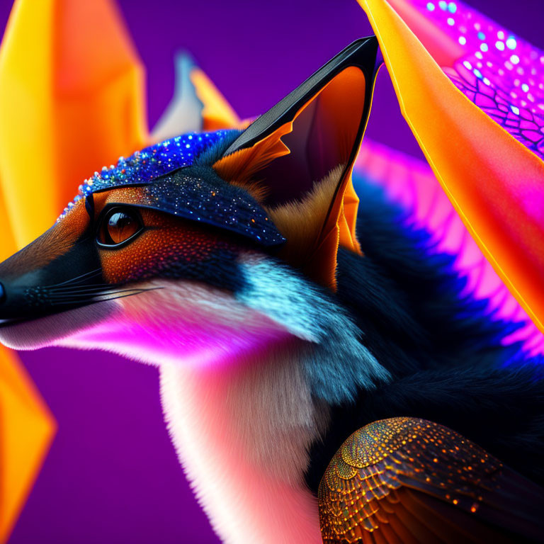 Colorful digital artwork: stylized anthropomorphic fox with intricate patterns