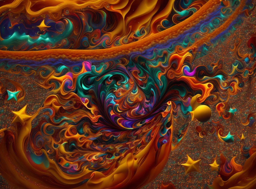 Colorful digital fractal art with swirling patterns in oranges, blues, and yellows, adorned with