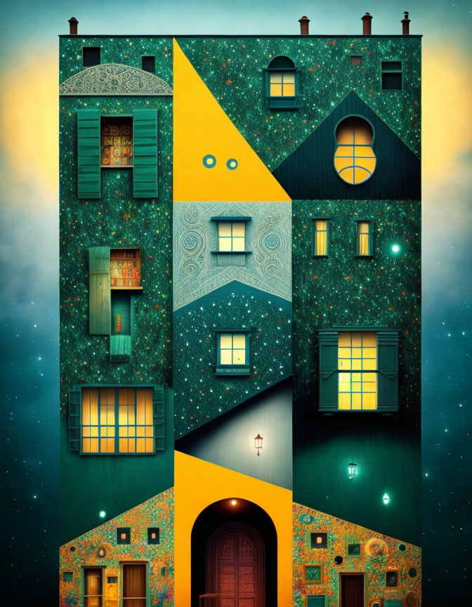 Surrealist building with starry sky patterns and ornate doorway