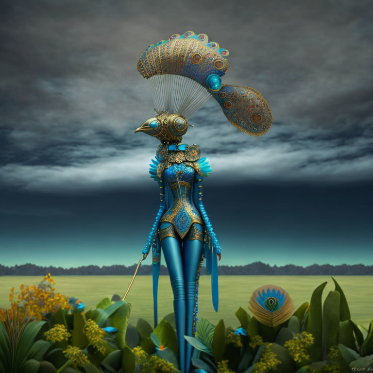 Surreal artwork of female figure with bird-like headdress in mystical landscape