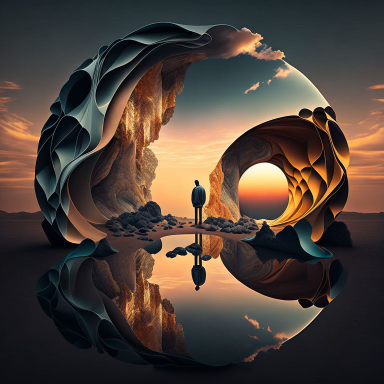 Circular rock formations with reflective water and sunset sky in surreal landscape