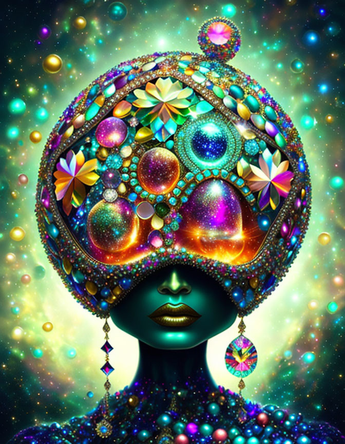 Cosmic figure in jewel-encrusted headdress against space backdrop